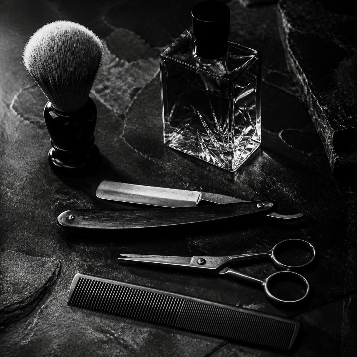 Straight razor, shaving brush, scissors and comb laid out on a stone counter